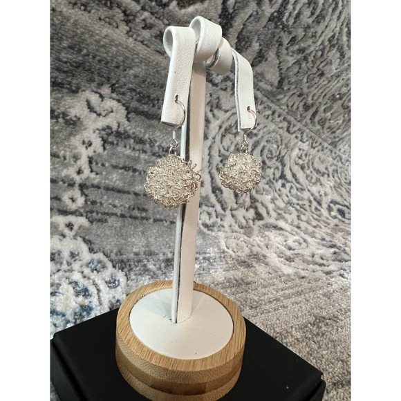 925 Sterling Silver Festive Wire Ball hooked earwire Earrings, Short Dangle, - Picture 3 of 10